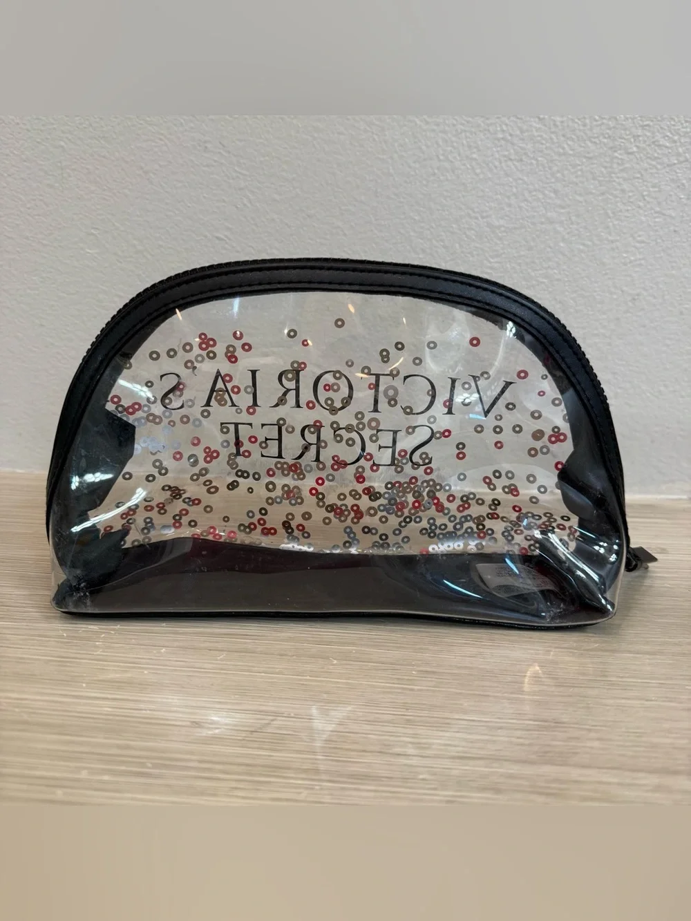 Victoria's Secret Clear Cosmetic Pouch with Red, Gold, White & Black Sequins